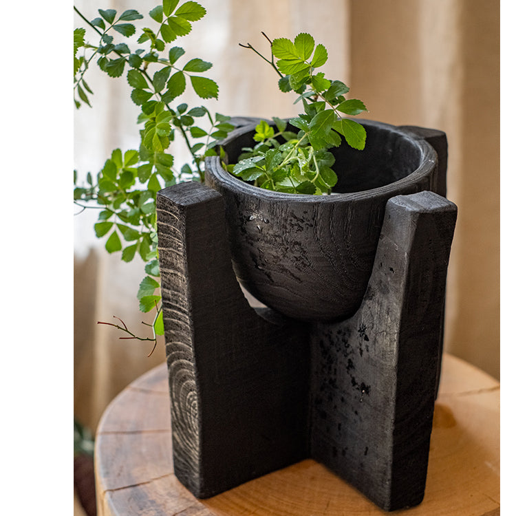 Carbonized Wood Plant Bowl with Stand