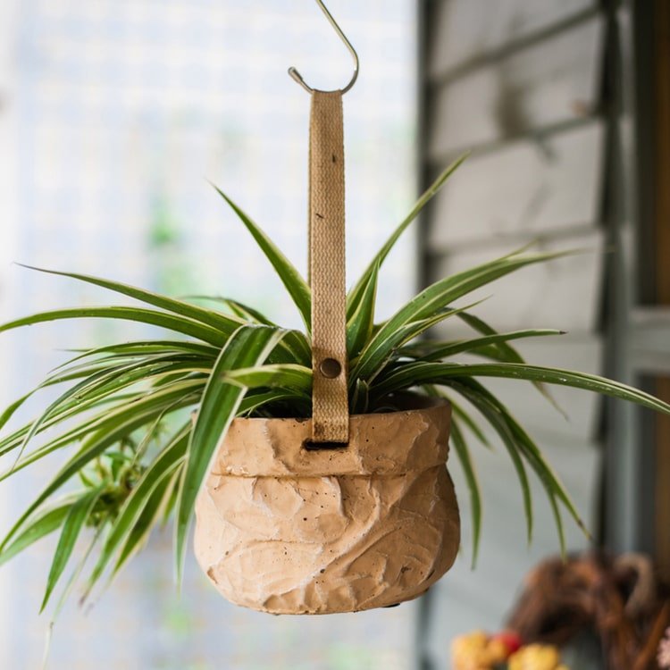 Craft Paper Bag Style Concrete Hanging Pot - RusticReach