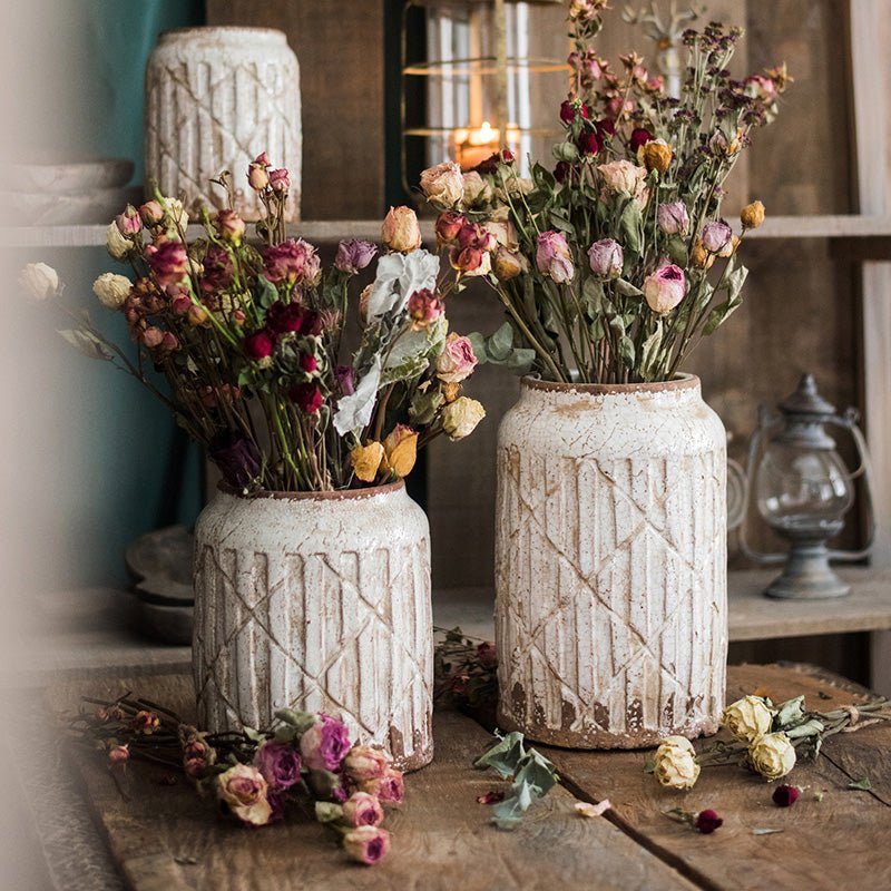 Distressed White Ceramic Flower Jar Vase - RusticReach