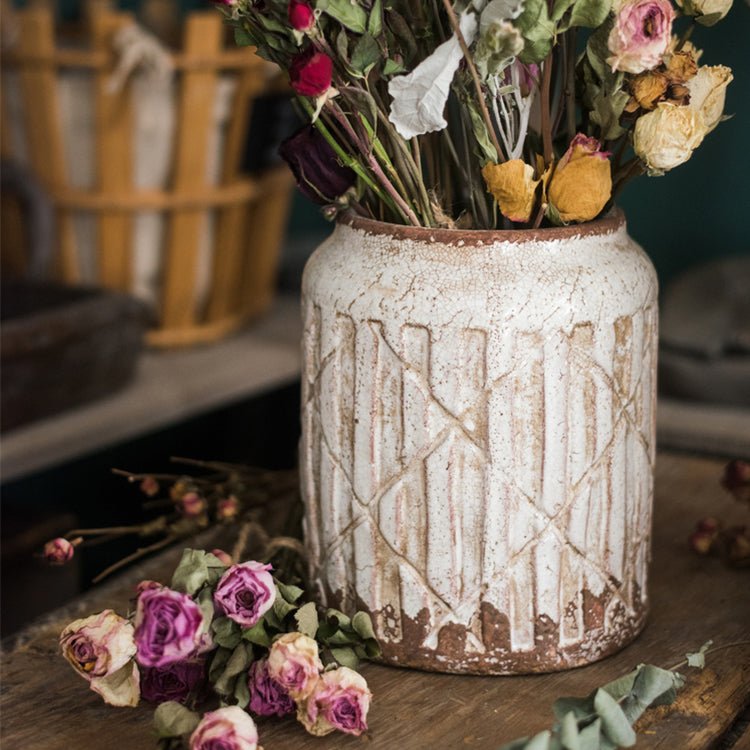 Distressed White Ceramic Flower Jar Vase - RusticReach