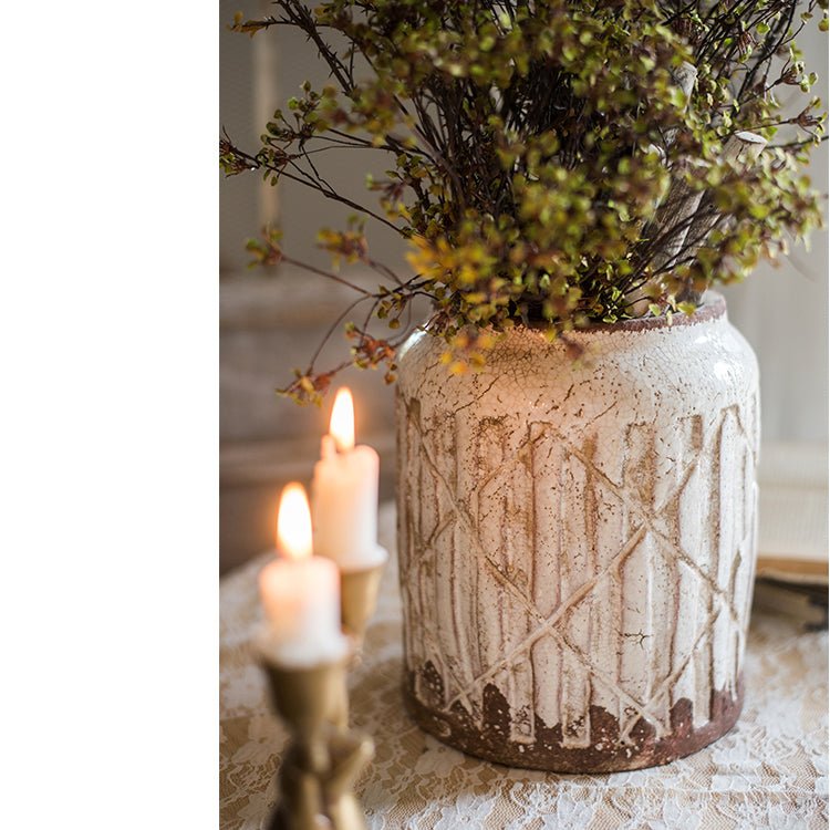 Distressed White Ceramic Flower Jar Vase - RusticReach