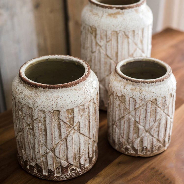 Distressed White Ceramic Flower Jar Vase - RusticReach