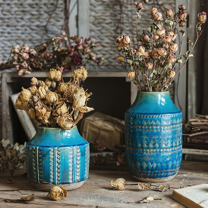 Textured Geometry Pattern Ceramic Vase in Deep Blue