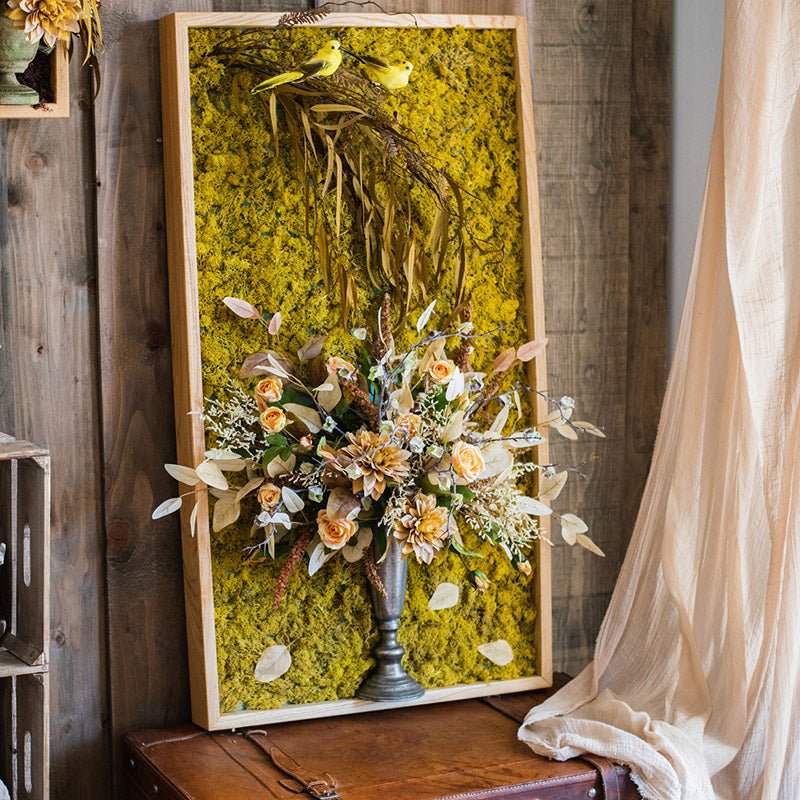 Artificial Plant Flowers Large Golden Bird Vase 3D Framed Wall Art - RusticReach