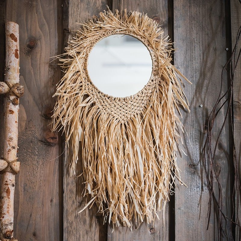 Handcraft Grass Hanging Round Mirror - RusticReach
