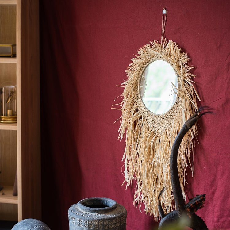 Handcraft Grass Hanging Round Mirror - RusticReach