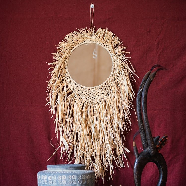 Handcraft Grass Hanging Round Mirror - RusticReach