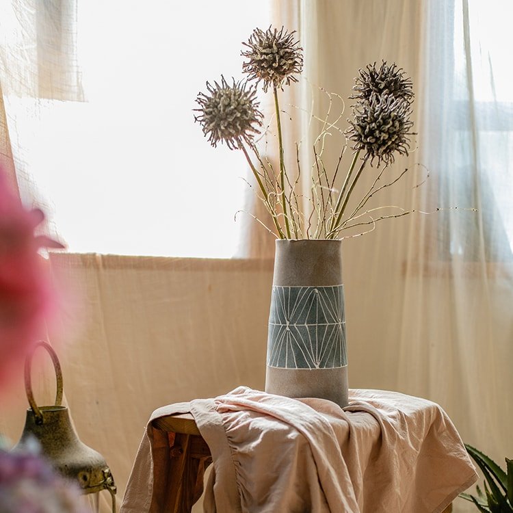 Gray Blue Handpainted Terracotta Table Vase - RusticReach