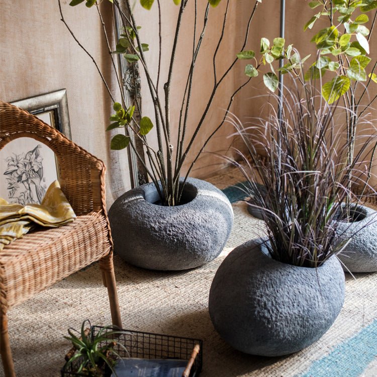 Japanese Zen Style Gray Stone Flowerpot - RusticReach