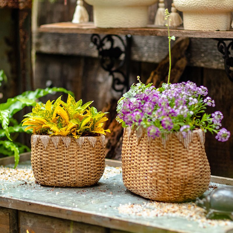 Lady Straw Basket Cement Planter - RusticReach