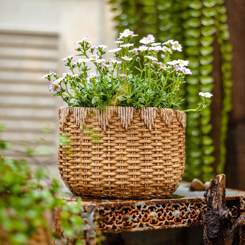 Lady Straw Basket Cement Planter - RusticReach