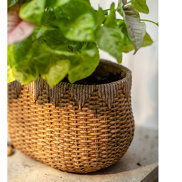 Lady Straw Basket Cement Planter - RusticReach