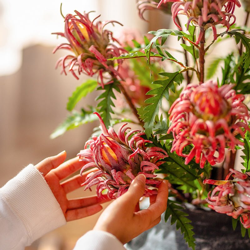 Red Flame Protea Artificial Flower Stem 31" Tall - RusticReach