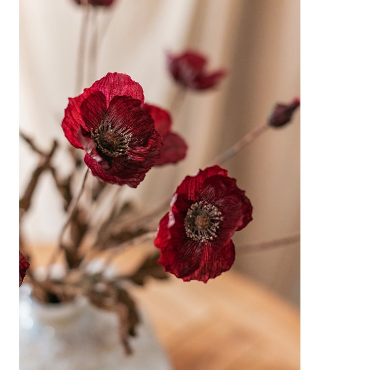Rustic Poppy Flower Stem in Dark Red 23" Tall