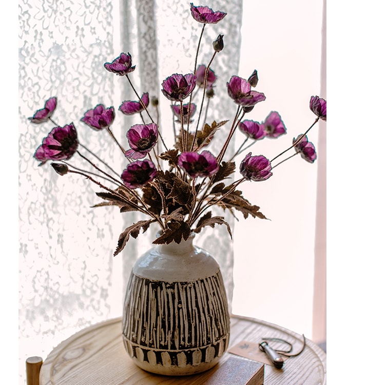 Faux Silk Rustic Poppy Flower Stem in Purple 23" Tall