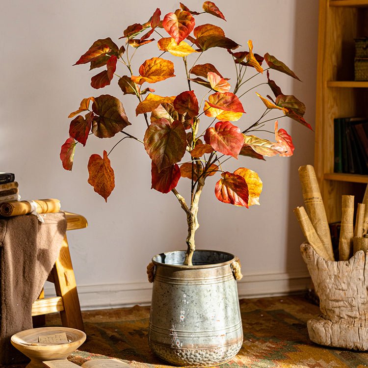 Artificial Silk Red Leaf Banyan Tree In Pot - RusticReach