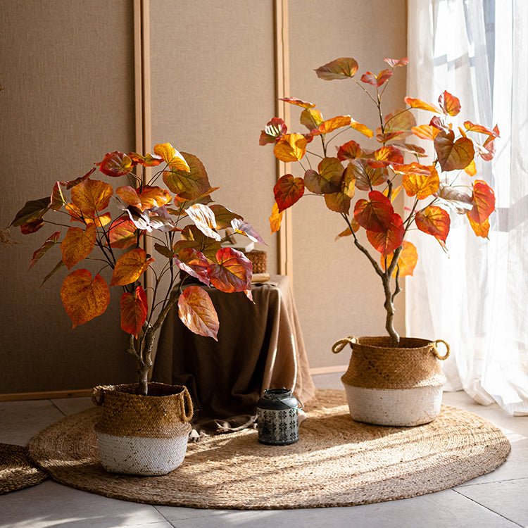 Artificial Silk Red Leaf Banyan Tree In Pot - RusticReach