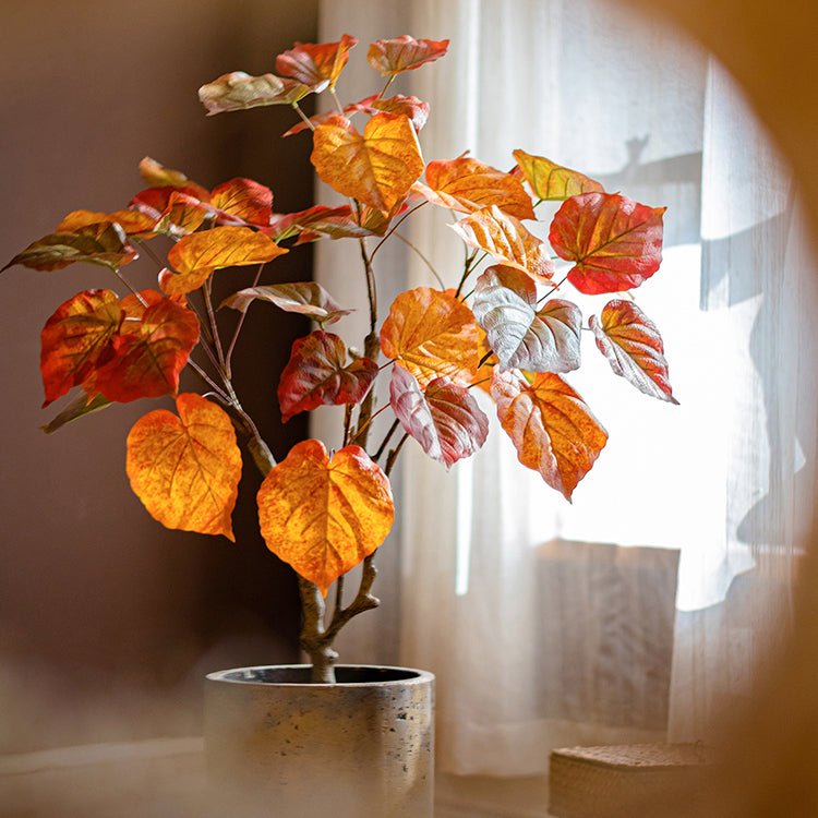 Artificial Silk Red Leaf Banyan Tree In Pot - RusticReach