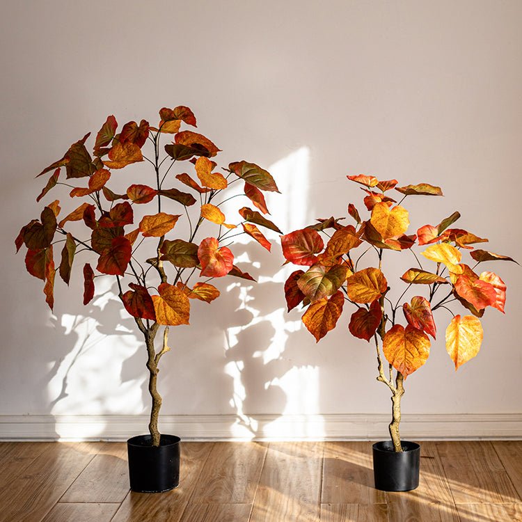 Artificial Silk Red Leaf Banyan Tree In Pot - RusticReach