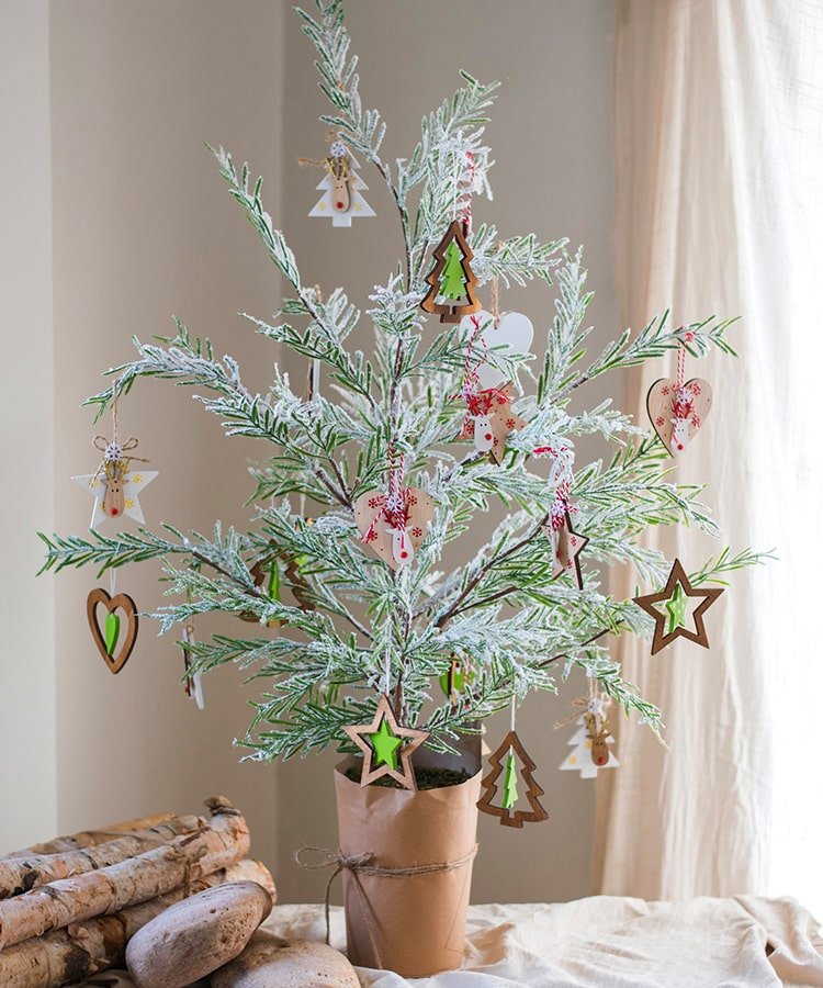 Cedar Fir Tree Snow Flocked Christmas Tree in Paper Wrapped Base - RusticReach