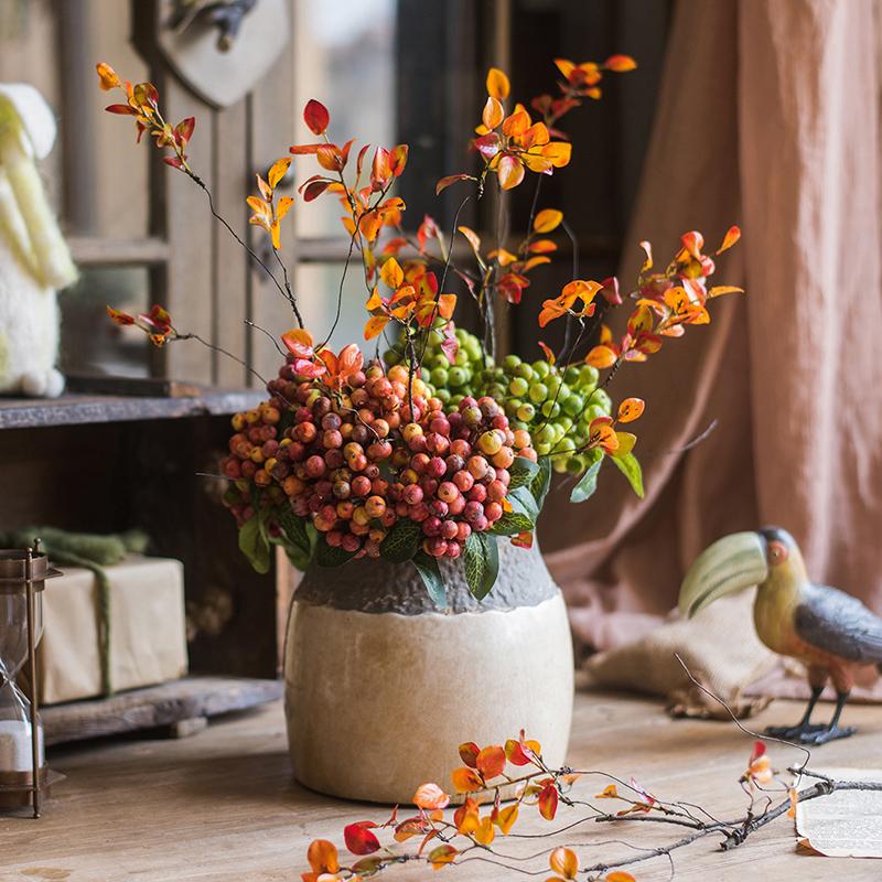 Artificial Fruit Berry Bunch Green and Orange Red 11" Tall Plant Stem - RusticReach