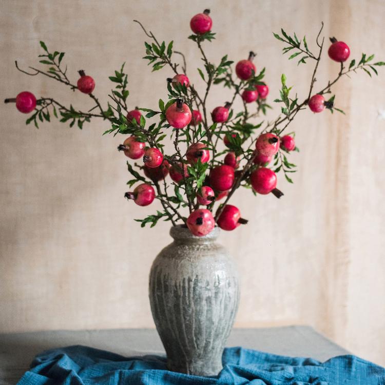 Artificial Fruit Large Red Pomegranate Fruit Stem 36" Tall - RusticReach