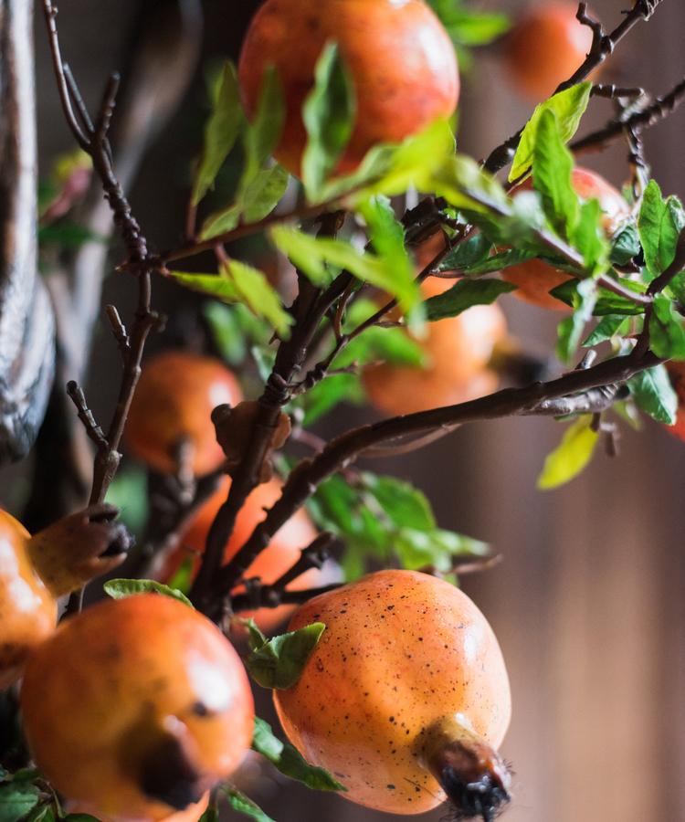Artificial Fruit Yellow Orange Pomegranate Fruit Stem 36" Tall - RusticReach