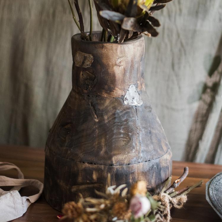 Bare Wood Hand Crafted Wooden Vase with Metal Patchwork RusticReach 