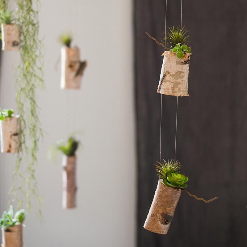 string hanging plant holder Birch Wood Tiny Planter String Hanging Planter Decoration – RusticReach