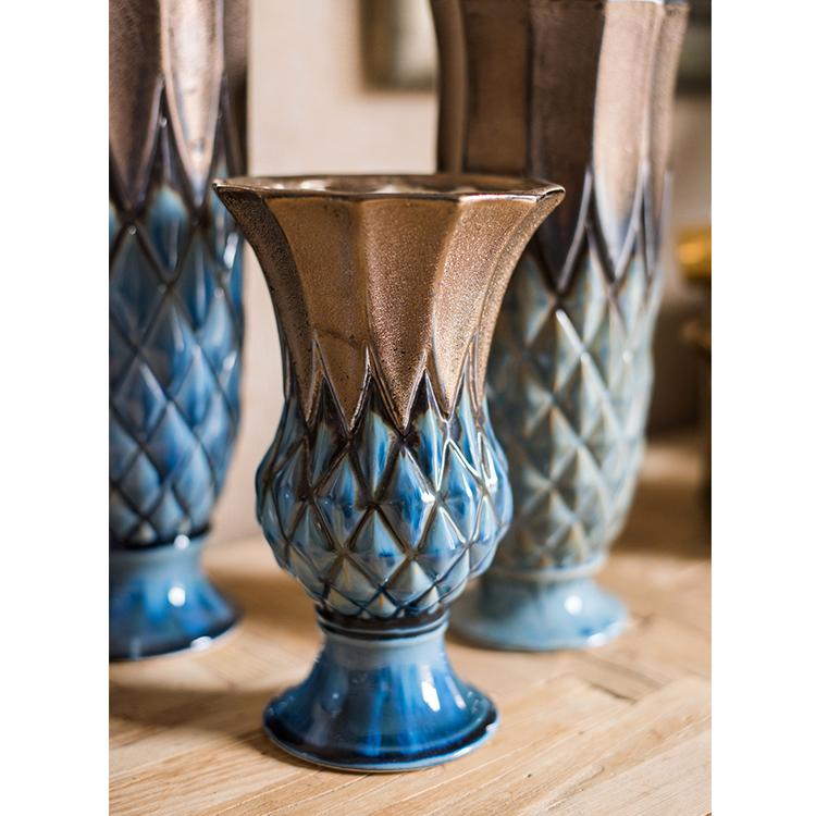 Blue Gold Grid Pattern Glazed Ceramic Vase Collection RusticReach 