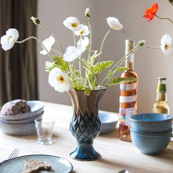 Blue Gold Grid Pattern Glazed Ceramic Vase Collection RusticReach 