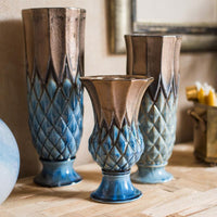 Blue Gold Grid Pattern Glazed Ceramic Vase Collection RusticReach 