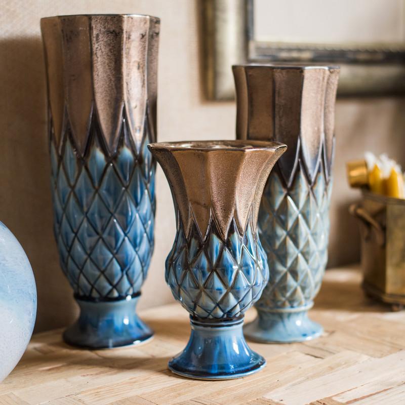Blue Gold Grid Pattern Glazed Ceramic Vase Collection - RusticReach