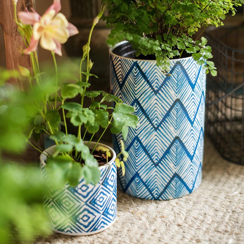 indoor blue plant pots Blue Print Ceramic Vase Planter in Various Patterns