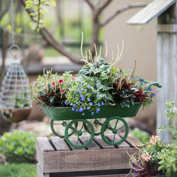 Decorative Planter Cart Green Metal Cart Planter - RusticReach