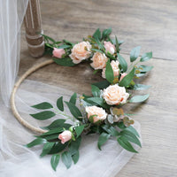 Floral Hoop Artificial Pink Rose with Green Leaves 9" D RusticReach 