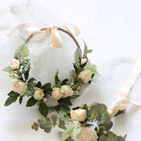 Floral Hoop Artificial White Rose with Green Leaves 9" D RusticReach 