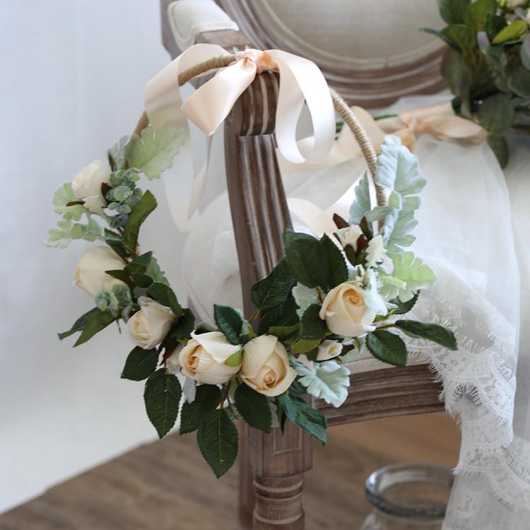 Floral Hoop Artificial White Rose with Green Leaves 9