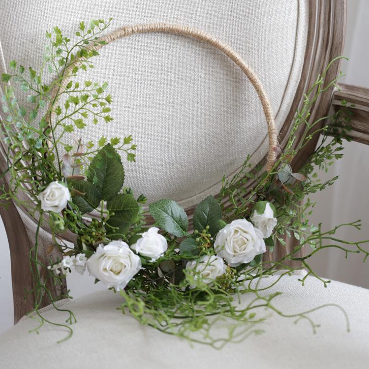 Floral Hoop Artificial White Rose with Greenery Ferns 9" D RusticReach 