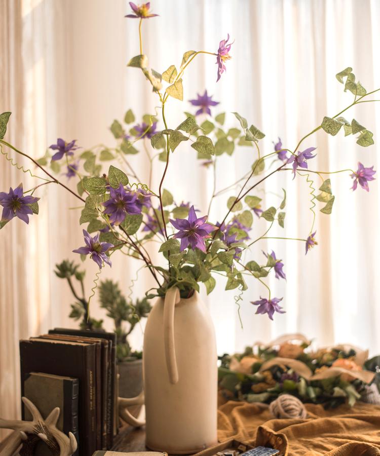 Faux Silk German Clematis Flower Stem in Purple 40" Tall - RusticReach