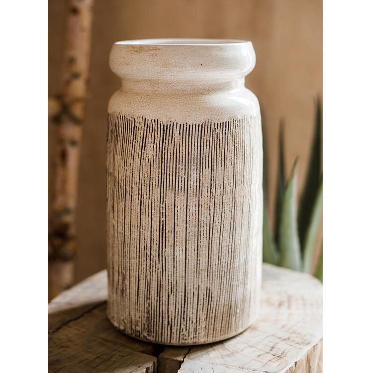 Glazed Ceramic Abstract Brown Stripe White Vase RusticReach 
