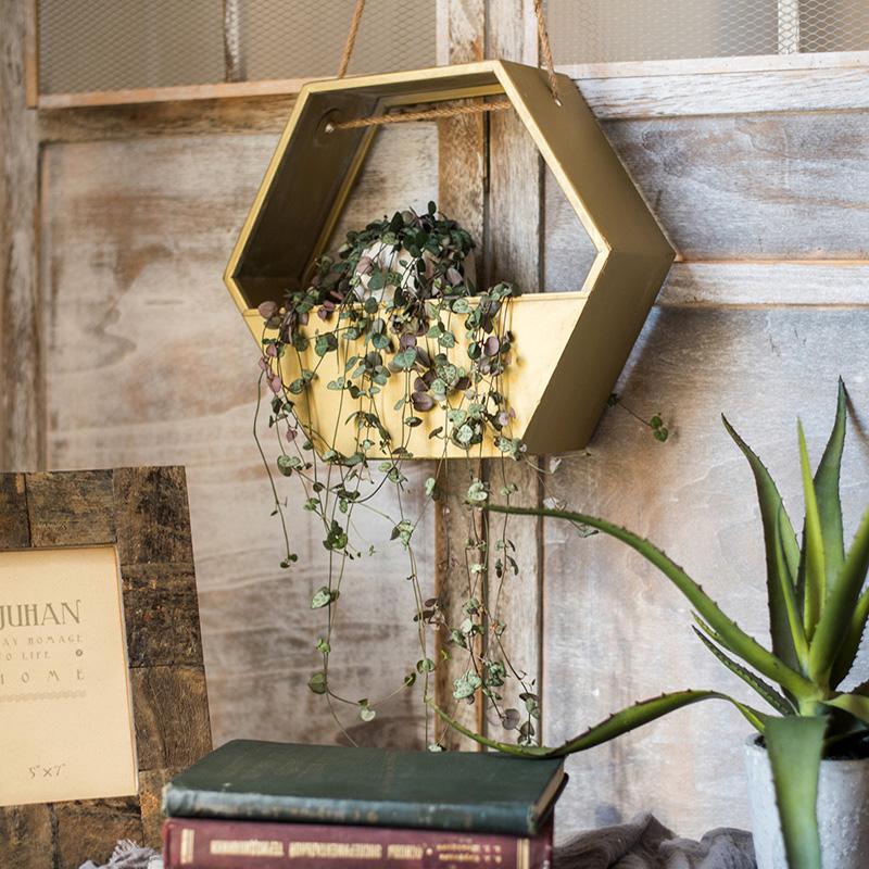 metal succulent wall planter Gold Metal Planter Hexagon Hanging Planter