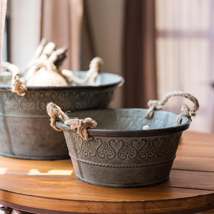 Iron Tub Antique Flower Pattern Tub with Rope Handles (Set of 3) RusticReach 