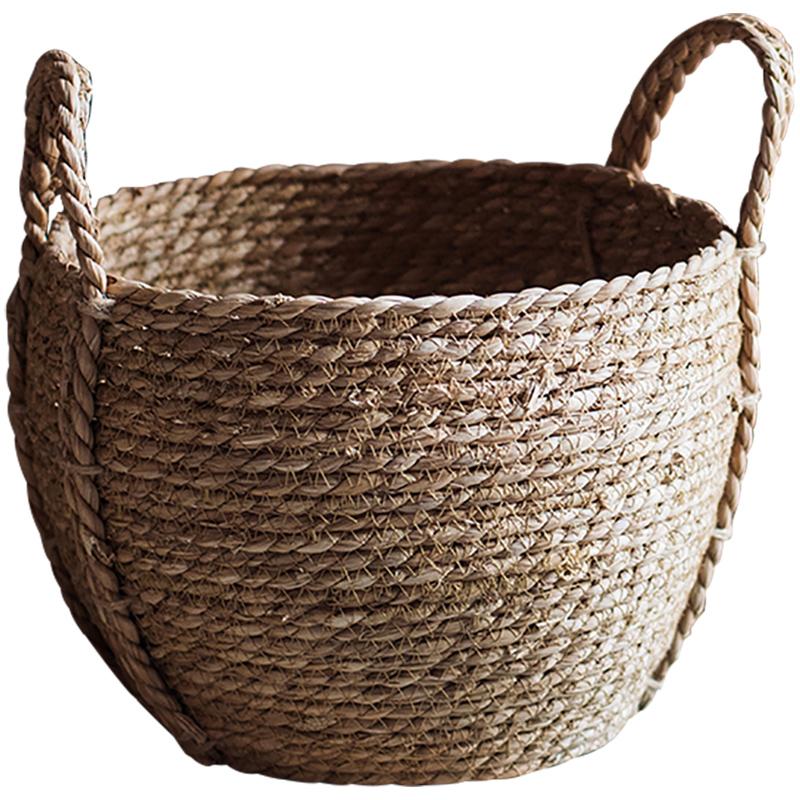 Khaki Brown Solid Color Straw Basket With Handles RusticReach 