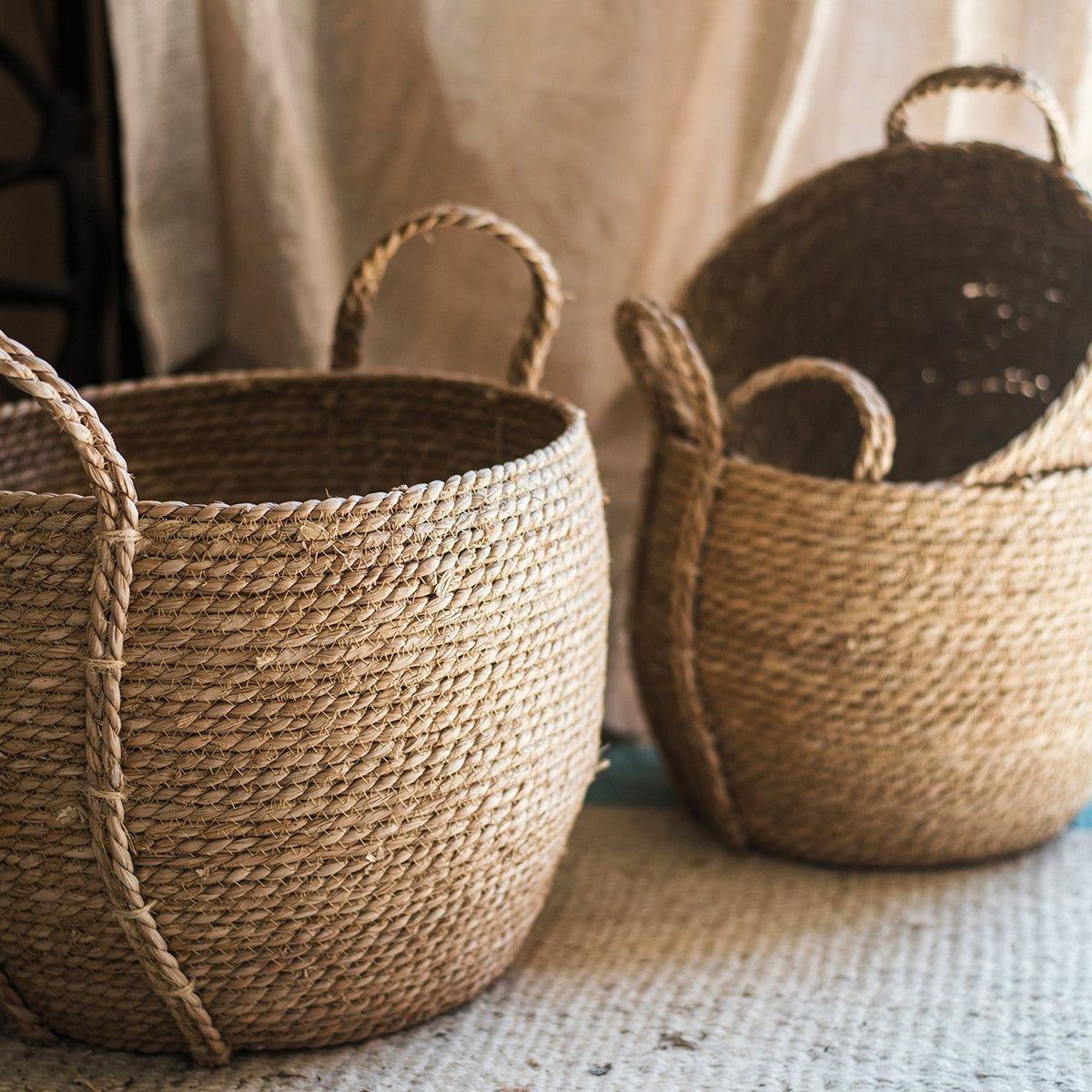 Khaki Brown Solid Color Straw Basket With Handles RusticReach 