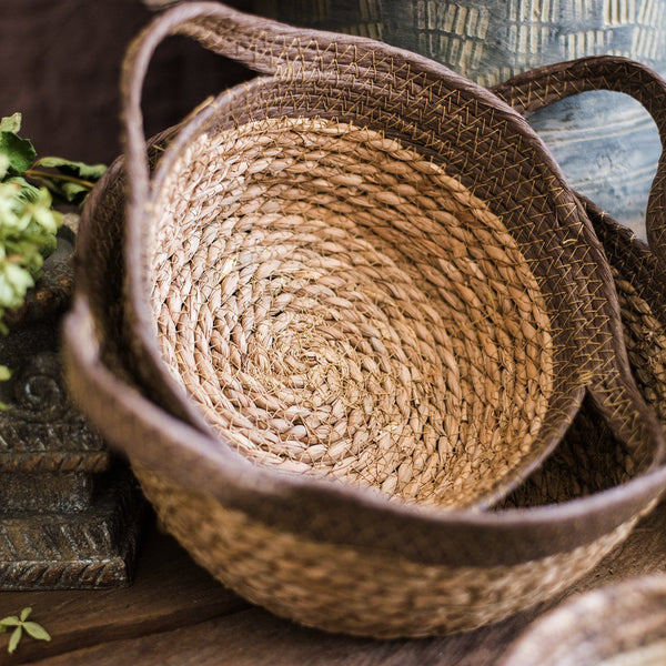 Khaki Brown Straw Basket with Handles RusticReach 