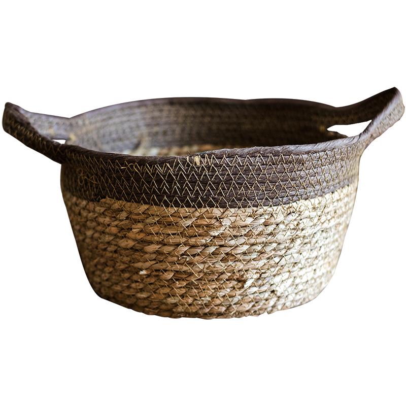 Khaki Brown Straw Basket with Handles - RusticReach