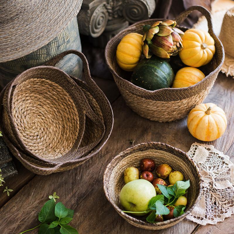 Khaki Brown Straw Basket with Handles - RusticReach