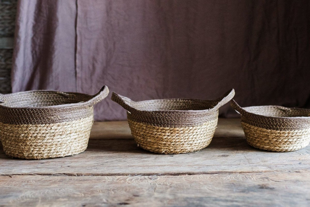 Khaki Brown Straw Basket with Handles - RusticReach