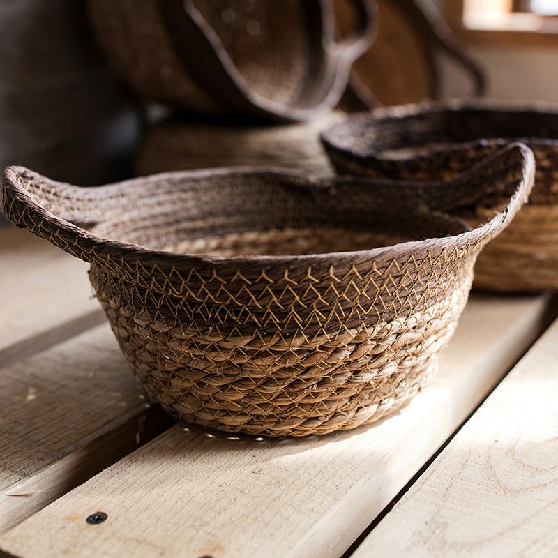 Khaki Brown Straw Basket with Handles - RusticReach